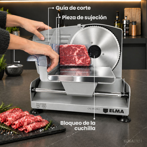 Cortafiambres eléctrica ELMA 200 W con 2 cuchillas de acero inoxidable y corte regulable 0-15 mm